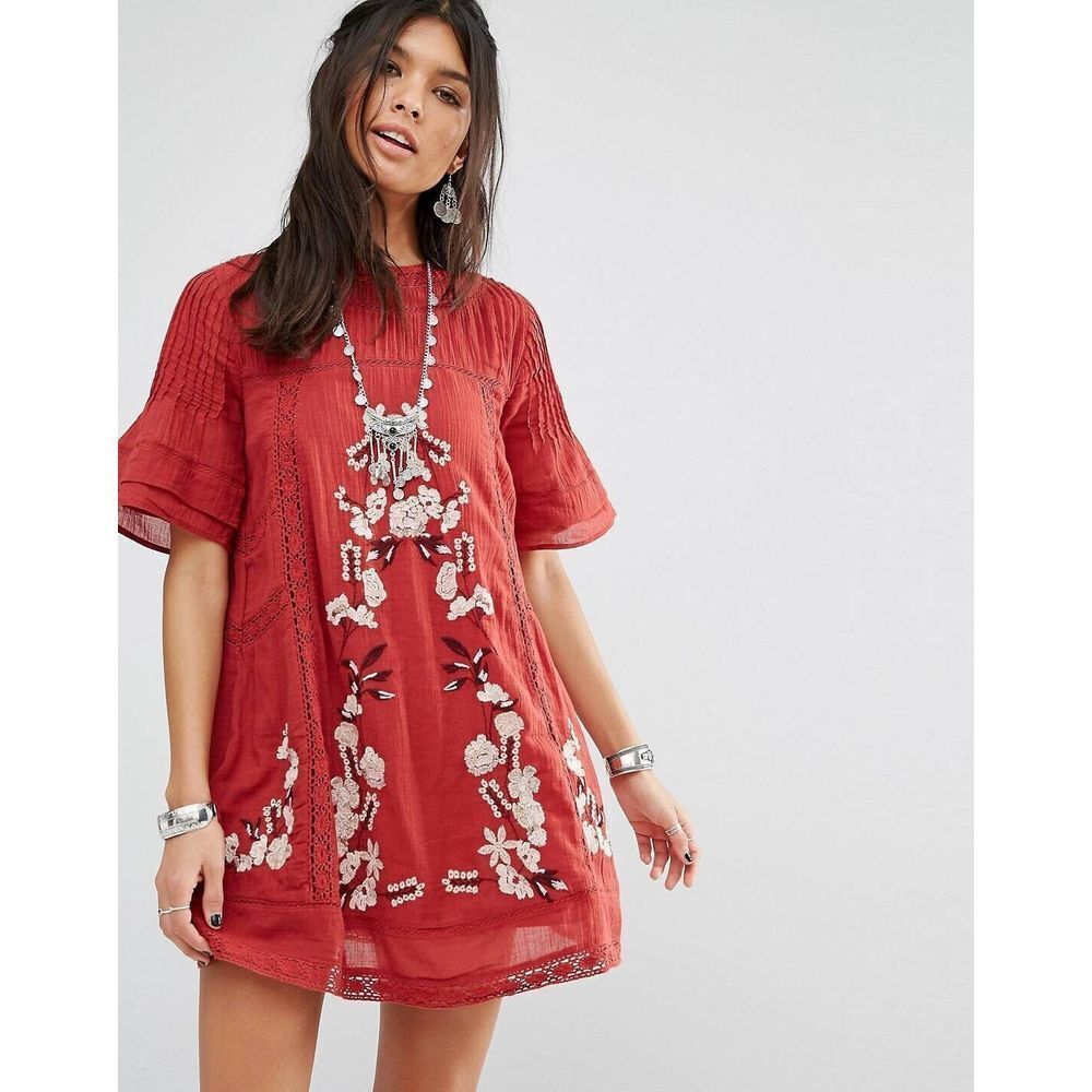 Free‎ People Perfectly Victorian Dress Size XS Rust Embroidered Mini Boho Tags